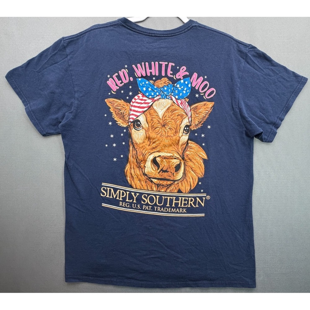 Simply Southern Red White & Moo Cow T-Shirt Navy Blue Patriotic Tee Womens Large - Picture 2 of 8